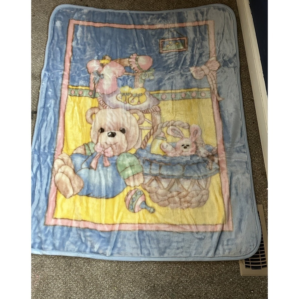 Vtg Plush‎ Baby Blanket Throw Bear Easter Basket Bunny Blue Pink